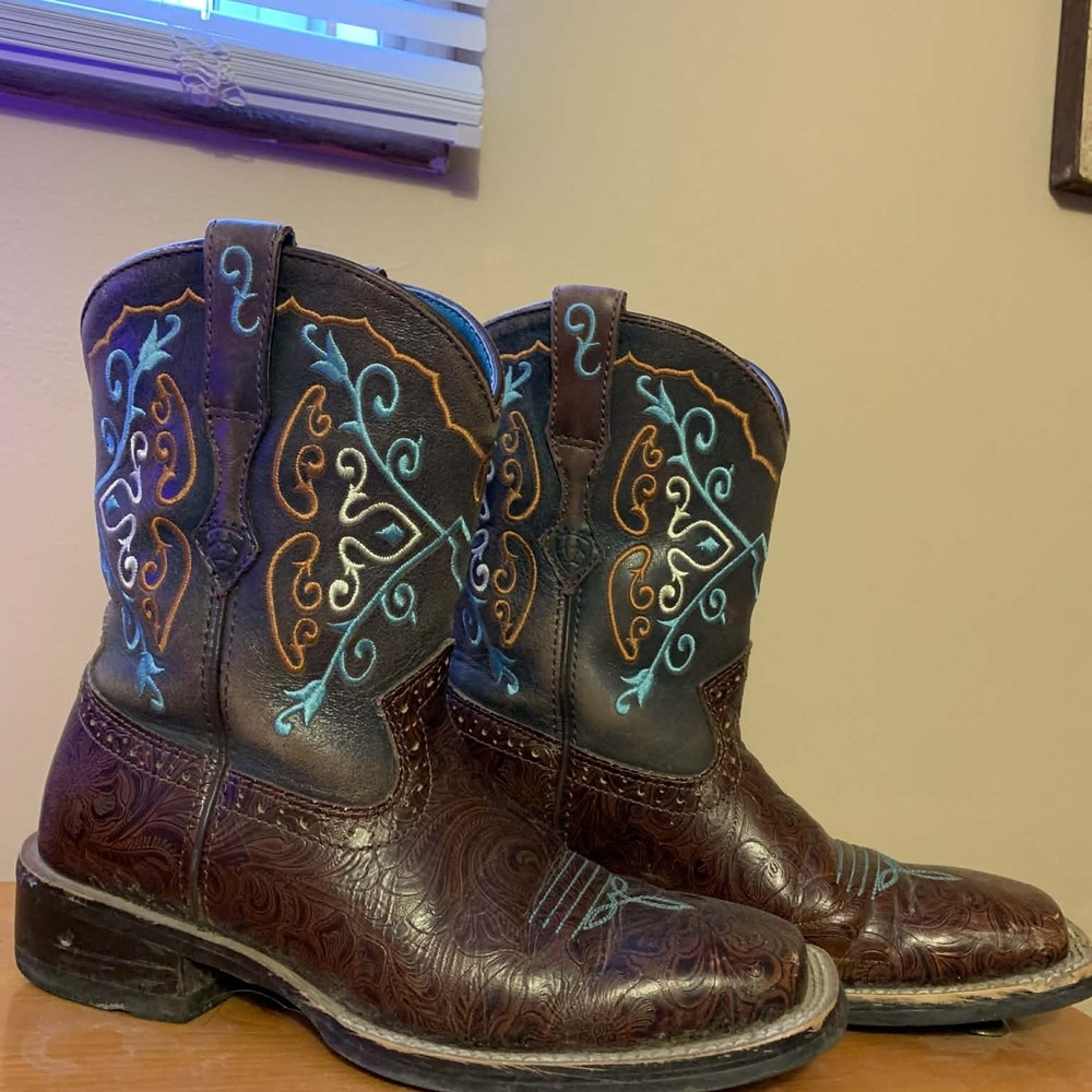 Ariat Brown Ankle Boots with Blue and Orange Embroidery